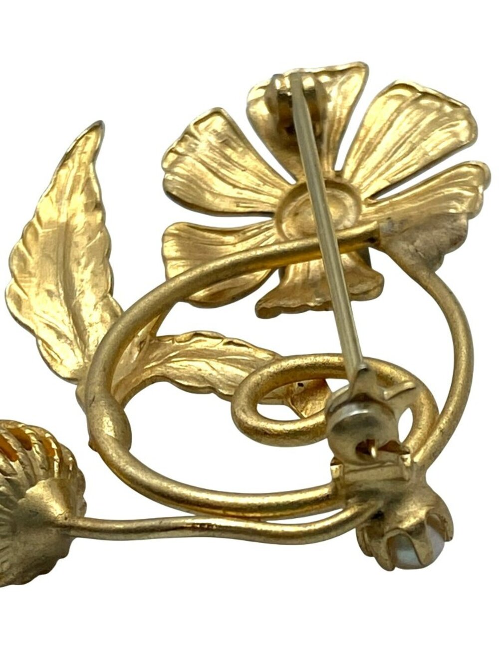 Flower Floral Brooch Faux Pearl Accents Mid Century Modern MCM Gold Tone Brass - Picture 7 of 8